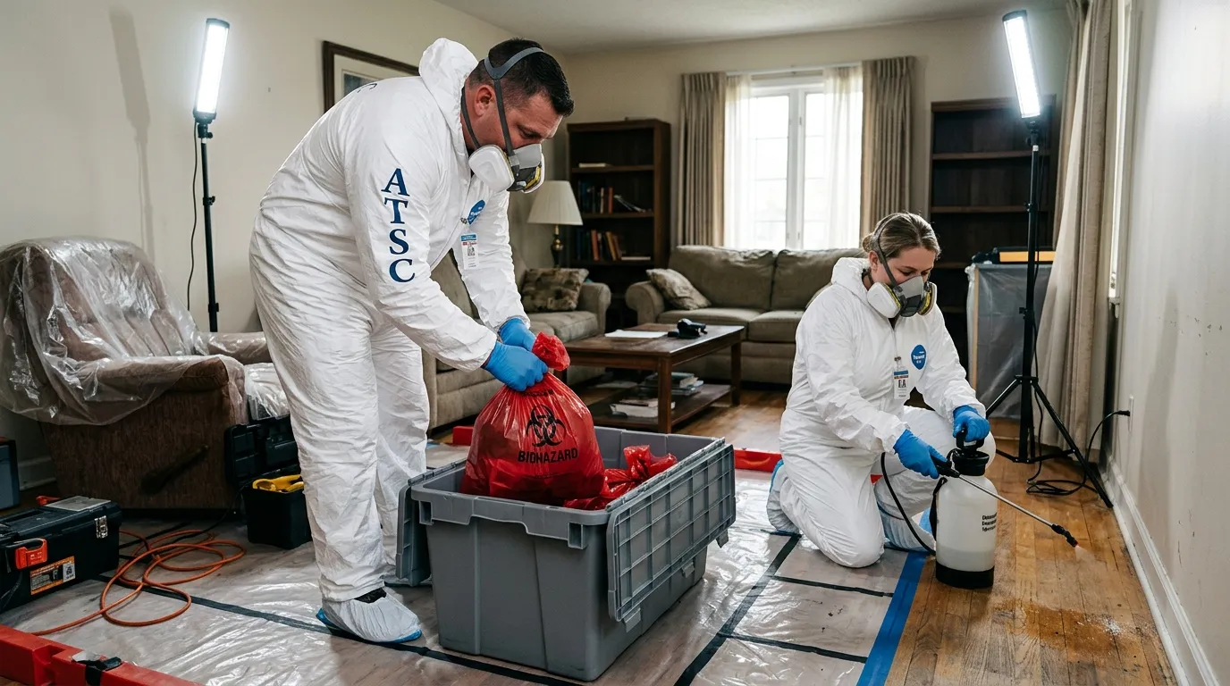 Professional Unattended Death Cleanup technician in full PPE working in Paulden